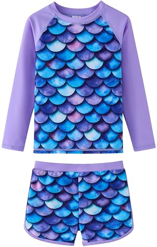 Image of Girl Rash Guard Swimsuit 2-Pieces Long Sleeve Bathing Suit 4-12Years | Kids Swimwear Sets,UPF 50+ Sun Protection,Soft And Comfortable Fabric,Swimming Pool,Beach