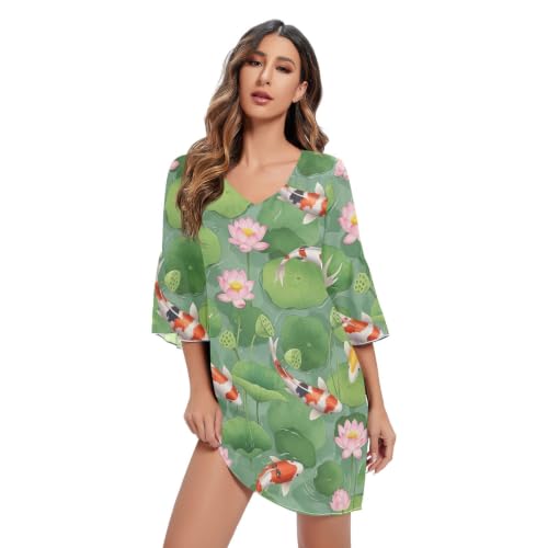 Robe courte à manches 3/4 Koi Fish au motif de feuilles vertes pour femme
