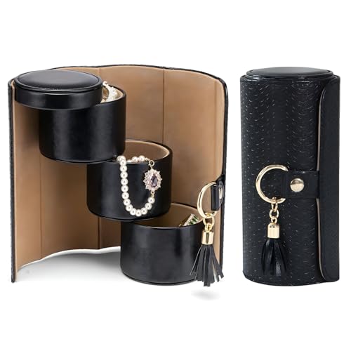 Image of Luxury Travel Jewelry Organizer Case - 3-Layer Cylinder Storage Box for Rings, Earrings, Bracelets - Portable PU Leather Case for Women & Girls (Solid Black)