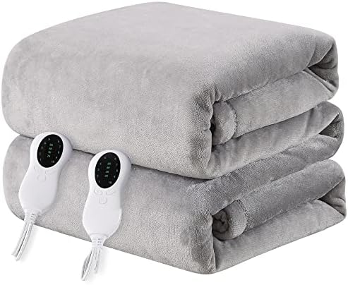Calctic Instant Heating Max Temp 149°F Heated Blanket Queen 84"x90" Dual Control, 10 Heat Settings Stitchless Fleece Electric Blanket for Bed, 2/4/6/8hrs Timer Auto Shut Off, Machine Washable, Grey
