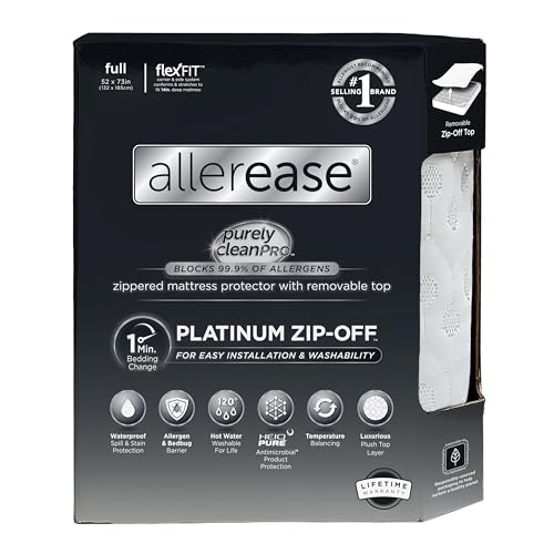 AllerEase Platinum Zip-Off Top Waterproof Mattress Protector Full Size 360 Degree Zipper Allergen Barrier Temperature Balancing Luxurious Plush Top Separately Machine Washable Mattress Cover (White)