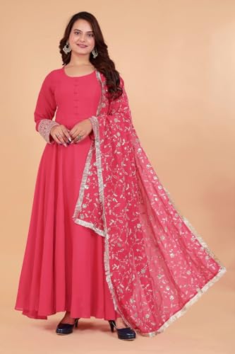 Image of ROYALICA Women's Georgette Gown Set with Solid Pattern Floor Length Round Neck Fit & Flare Full Sleeves Gown Pant and Embroidery Work Dupatta | Anarkali Gown Set for Women