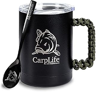 CarpLife Thermal Fishing Mug and Spoon - Thermal Mug with Spoon - Stainless Steel Thermal Mug with Lid and Etched Spoon (Neon & Black Handle)
