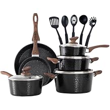 MAISON ARTS Pots and Pans Set Non Stick, 15 Pcs Non-Toxic Hammered Kitchen Cookware Sets, Black Granite Cooking Pot and Pan for Induction, Stovetop