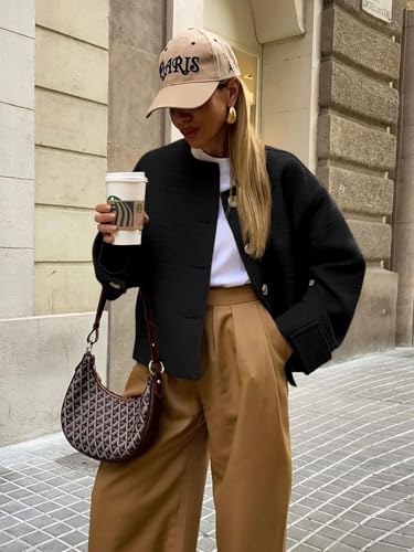 Tweed Jackets for Women Fall Long Sleeve Business Button Down Casual Cropped Blazer with Pockets3