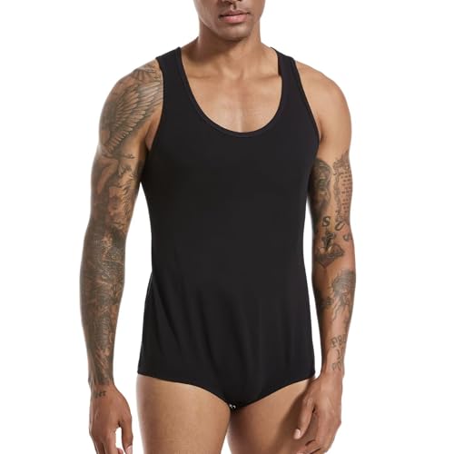 Landofgenie Männer ärmellos Vest Bodysuit Einteiliger Pyjama Baumwoll-Onesie Strampler für Erwachsene Schwarz L