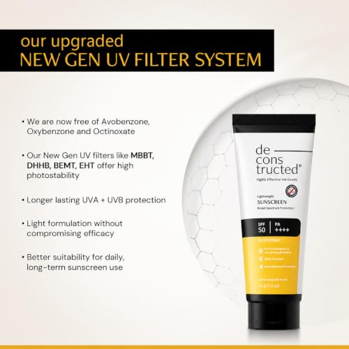 Image of de cons tructed SPF 50+ PA++++ Sunscreen | Brightening, Moisturising & Hydrating Formula | Lightweight, Non-Greasy, No White Cast | Broad Spectrum UVA /UVB Protection | For All Skin Types | 50g