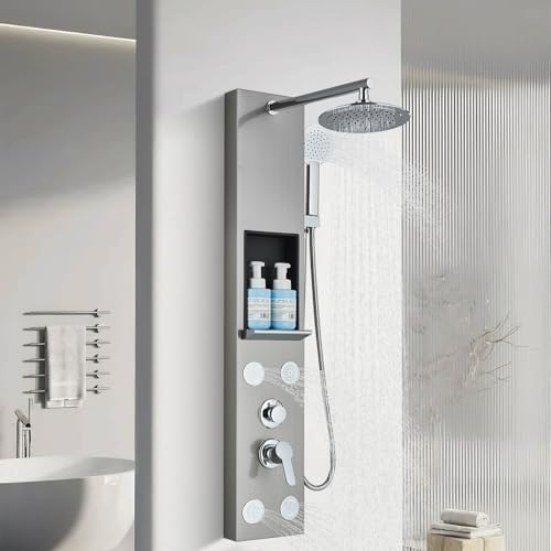 Panel de ducha con sistema de columna Columna de ducha de masaje hidráulica 4 en 1 con lluvia, Panel de ducha montado en la pared con cascada ducha de mano hidromasaje Níquel cepillado