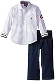 Nautica Little Boys' Toddler 2 Piece Set Knit Cuffed Button Up Woven Shirt Denim Jean, White, 2T