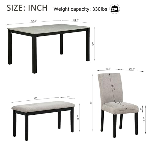 Image of KEIKI 6-Piece Standard Height Dining Table Set with Rectangular Table, 4 Upholstered Curved Backrset Chair, Bench, for 6 Person, Modern Table Set, Easy Assembly, for Kitchen, Dining Room, Black+Gray