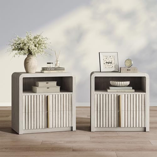 ModernMate Night Stand Set of 2, 23.6 Fluted Nightstand with 2 Drawers, Curve Profile Bedside Table with Solid Metal Handle, Thicken End Side Table for Bedroom, Living Room, Home Office, White Alder