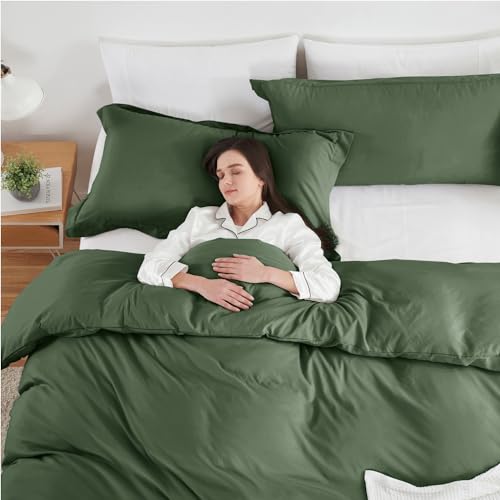 Image of Hearth & Harbor Olive Green Duvet Cover Full Size, 3 Piece Bedding Set | Soft Double Brushed Bedding Set, Button Closure, 1 Duvet Cover 80x90 Inches, 2 Pillow Shams