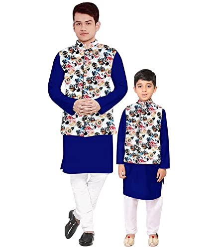 Image of Os Men's & boy kurta pyjama set with nerhu jackets (Multi printed) in cotton (baap beta|father son|)