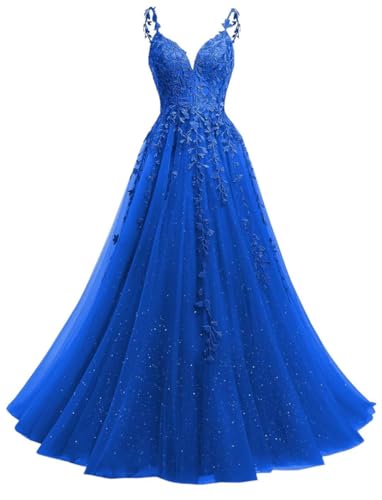 Robe de bal de princesse avec applique en dentelle et tulle pailleté - Robe de bal plissée - Grande taille, bleu roi, 58 Grande taille