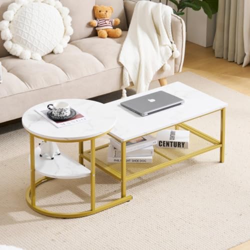 Simpolu ネストテーブル ロー 入れ子式 1台3役 丸形 長方形 2個セット 大理石調 収納付き センターテーブル リビング ちゃぶ台 組み合わせ自由 机 低い 一人暮らし おしゃれ 組み立て簡単 (ホワイト+ゴールド)