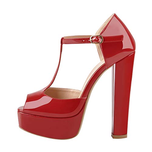 Women's Platform Buckle Back Slingback T Ankle Strap Square Opened Toe Heels Pumps