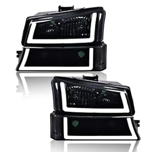 G-PLUS LED DRL Headlights, Compatible with 2003-2006 Chevy Silverado 1500/1500 HD/2500 HD/3500 Smoky Lens Black Housing Clear Reflector Bumper Headlamps,faros delanteros