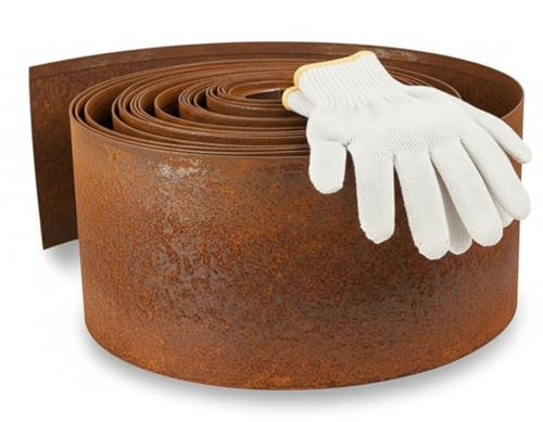Wetterfeste Cortenstahl Rasenkante 10 m, 15 cm Hoch – Metall Beetumrandung mit Gitter, Einfache Montage, Inkl. 1 Paar Montagehandschuhe