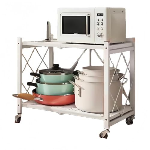 Negosuメタルラック 折りたたみ式スチール キャスター付き 防錆 収納組み立て簡単 頑丈 リビング 棚 おしゃれ 食器 家庭用寝室 業務用 (2層,ホワイト)