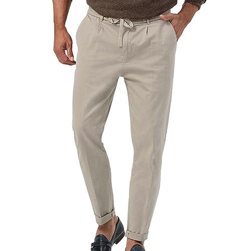 Pantalones de lino para hombre, ligeros, transpirables, para trabajo, duraderos, Everpress con bolsillos, ajuste holgado, con cordón, para vacaciones, playa, pantalones de lino con bolsillos, gris, L
