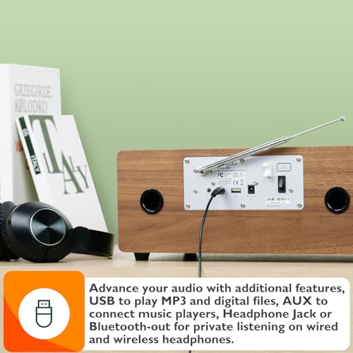 MangoKit MS4+ CD Player DAB Radio HiFi System I Bluetooth I Stereoanlage Kompaktanlage I Akustisches Holzgehäuse I CD Player mit Lautsprechern I 40 Presets,Kopfhöreranschluss I Walnuss