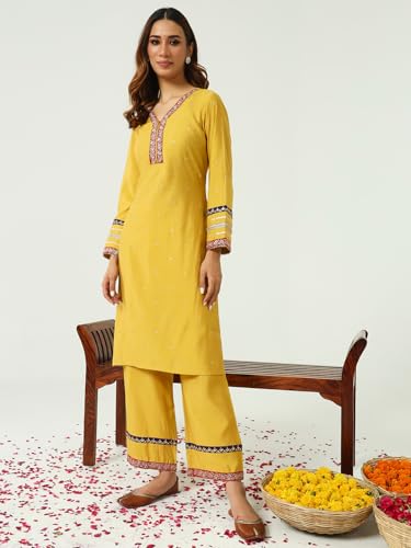 Image of FIORRA Women's Yellow Chanderi Straight Kurta and Palazzo Set