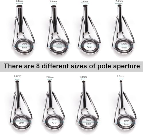SHSHbuy 8PCS Lure Rod Guide Rings,Köder-Angelruten-Führungsringe 1,8-3mm Edelstahl Ersatz Rutenspitzen Reparaturset für Süßwasser Salzwasser Angelliebhaber (8 Größen)