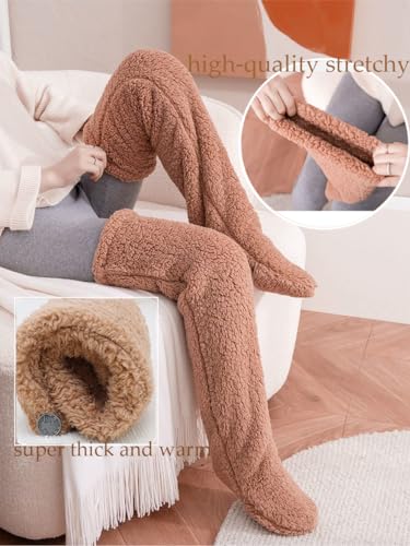 HYTENSUN Women's Fuzzy Thigh high Socks Over Knee High Plush Slipper Winter Indoor Sleeping Fluffy Long Leg Warmers3