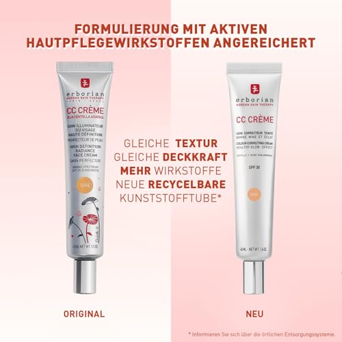 Erborian - CC Crème mit Centella Asiatica - High-Definition Illuminierende GesichtsCrème und Make-up - Sonnenschutz SPF 30 - Koreanische Kosmetik - Clair 40 ml