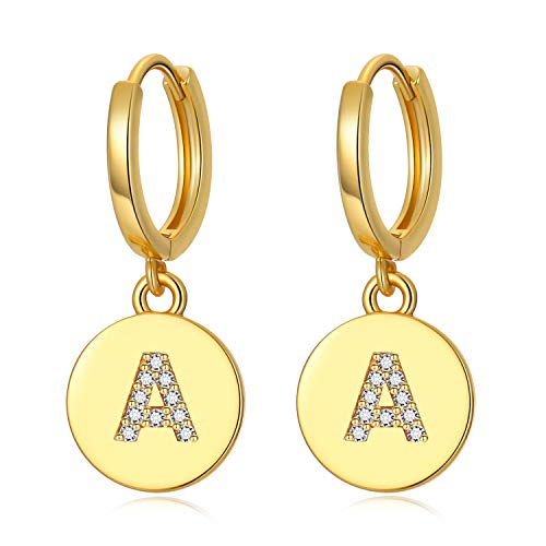 EGOO&YAMEE Dangle Initial Earrings for Women Letter Huggie earrings with 18K Gold Plated Cubic Zirconia Hoop Earrings Tiny Cute Dainty Small Huggie Hoop Earrings for Girls Kids Teen(Earring,Aï¼‰