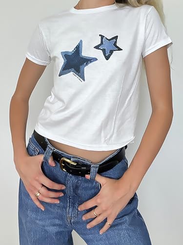 Xineicy Y2K Crop Tops for Women Star Print Tees Vintage Baby Tee Short Sleeve Summer Tops3