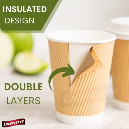 Caterserve Paper Cups for Tea and Coffee Takeaway Drinks Insulated Ripple Wall (8oz 50 Cups 50 Lids)