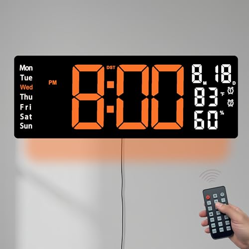 17.5 Inch Orange LED Digital Wall Clock with 8 Ambient