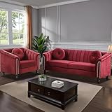 JBXBER Chesterfield Sofa Sets for Living Room, Microfiber Sofa and Loveseat with Chair with 5 Pillows, Chenille Sofa Sets for Small Spaces Apaetment(Sofa and Chair,Red)