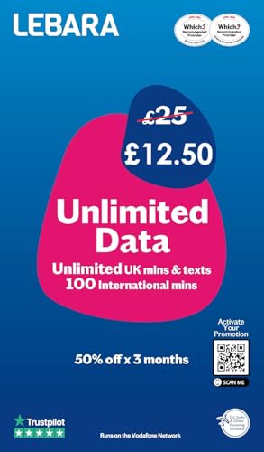 Lebara SIM Card, Unlimted Data SIM for £12.50, Half Price for First 3 Months, No Contract, UK Calls, UK Texts and International Calls Included, Multi-size, Fits All Devices