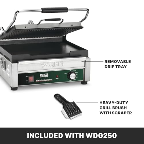 Waring Commercial WDG250 Tostato Supremo Ribbed Top Plate and Flat Bottom Plate Large Surface Panini Grill, 120 V, 1800W, 5-15 Phase Plug