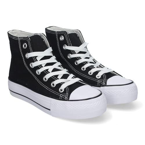 83323 Zapatilla Abotinada de Mujer, Comoda, con Material de Lona, Estilo Bamba Casual, y Cierre de Cordones Negro Talla 40 83323 Zapatilla Abotinada de Mujer, Comoda, con Material de Lona, Estilo Bamba Casual, y Cierre de Cordones Negro Talla 40