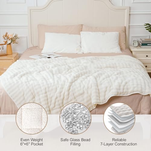 Image of Cottonblue Bubble Fleece Weighted Blanket 15lbs for Adults Queen Size Bed, Cozy Fuzzy Sherpa Flannel Weighted Blankets, Cute Warm Sofa Heavy Blanket for Calming & Sleeping, 60 inchx80 inch, Cream White