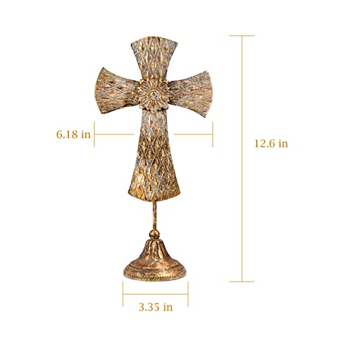 Vintage Gold Metal Cross With Base Farmhouse Sunflower Design Christians Crosses Spiritual Religious Cross Christmas Iron Cross Desktop Standing For Church Home Room Décor Tabletop Crucifix Gift #TOP1