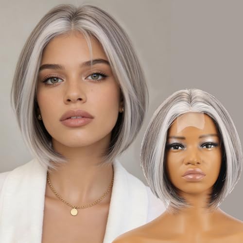 Allbell Grey Mixed White Hair Replacement Wig - Short Bob