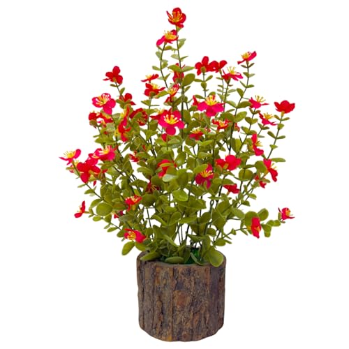 Image of Dekorly Artificial Flower Fern Bush in Rustic Wood Pot|35 cm - Lifelike Blossom Faux Plant for Home & Office Decor (Red)