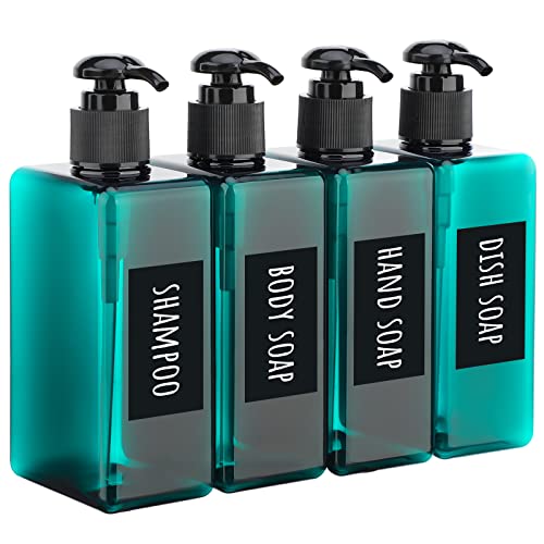 Image of Segbeauty 4pcs Empty Shampoo Bottles, 9.5oz Plastic Square Shower Pump Bottle Refillable, 280ml Small Green Lotion Dispenser Makeup Container with Labels for Travel Bathroom Hotel Kitchen Sink Dresser