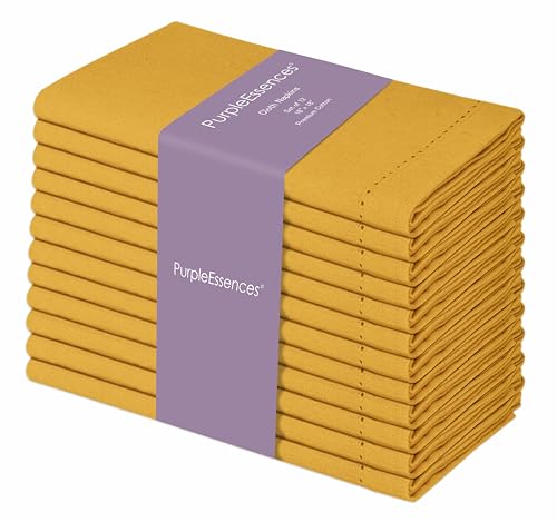 PurpleEssences Hemstitch Cloth Napkins 18x18 in Set of 12 - Golden Yellow