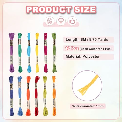 Image of PATIKIL 12 Skeins Embroidery Floss Polyester Embroidery Threads Bracelets String for Cross-Stitch Hand Embroidery, Rainbow Colors