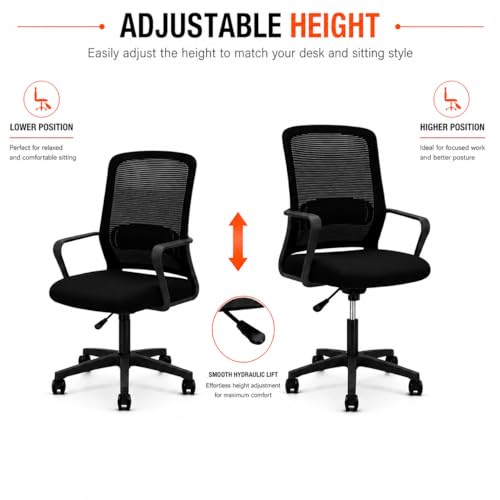 Image of Office Arm Chair with Frame, Mesh Back, Nylon Base, and Adjustable Handle, Cushion Fabric (Robo Chair-Black)
