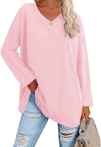 Ebifin Longshirt à manches longues oversized pour femme, T-shirt à col V, haut basique, tunique, pullover., Rose, XL