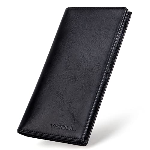 VISOUL Men's Long Bifold Checkbook Wallets Genuine Leather, Tall Checkbook RFID Wallets with Multi Card Pocket for Men (Black)