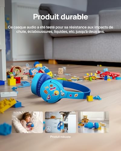 Belkin SoundForm Mini Casque Audio sans Fil pour Enfants avec Micro intégré (Circum-aural, autonomie de 30 h, pour Apprentissage, Voyages, Autocollants Amusants, pour iPhone, iPad, Galaxy) - Bleu