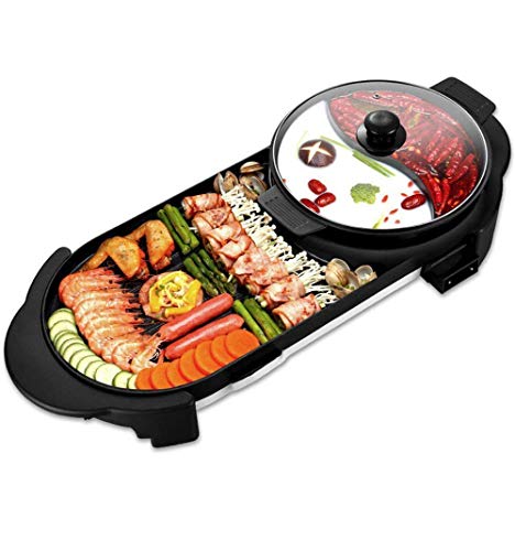 2 in 1 Electric Bbq Hot Pot Grill Electric Barbecue Pan Grill and Hot Pot for Indoor Outdoor Parties Non-Stick Pan with One 5-Speed Temperature Control