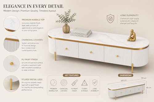 Image of Mazzo White Marble TV Unit Console | 70 inchx15 inchx18 inch | Golden Legs & Charcoal Louvers | Storage Drawers | Modern TV Stand Console Unit White Marble Top with Gold Accents, Storage Drawers